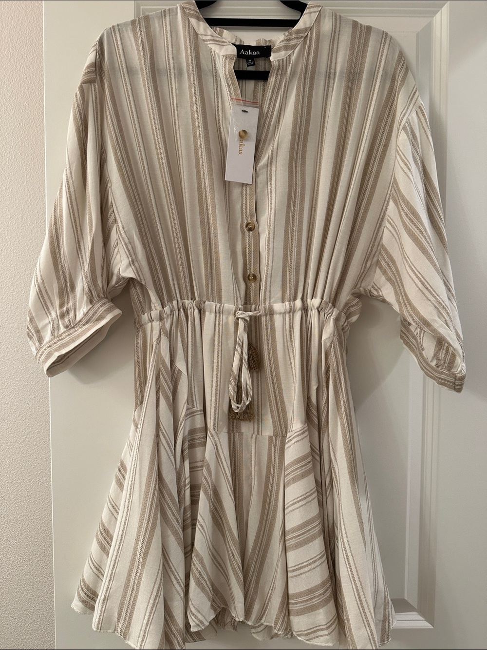 Aakaa Cream & Beige Striped Drawstring Tunic